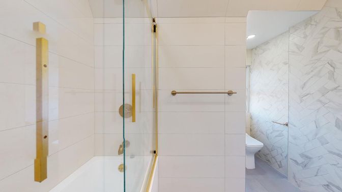 Bathroom, Glass Shower, Interior, Marble Walls, Recessed Lighting
