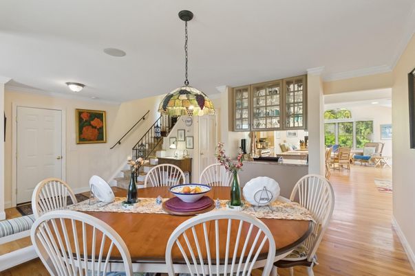 Dining room, Interior, Pendant Lights, Wood Texture Flooring