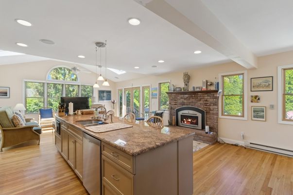 Dining room, Fireplace, Interior, Kitchen, Living room, Pendant Lights, Recessed Lighting, Wood Texture Flooring