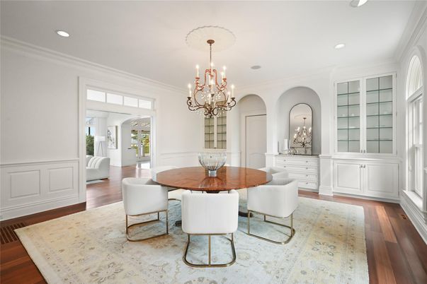 Chandelier, Dining room, Interior, Recessed Lighting, Wood Texture Flooring