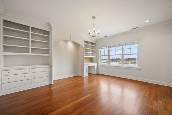 Chandelier, Empty room, Interior, Recessed Lighting, Wood Texture Flooring