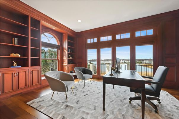 Home Office, Interior, Recessed Lighting, Water, Wood Texture Flooring, Wooden Walls