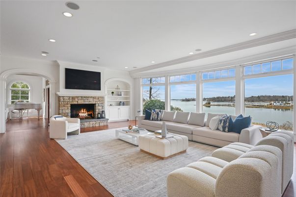 Fireplace, Interior, Living room, Recessed Lighting, Water, Wood Texture Flooring