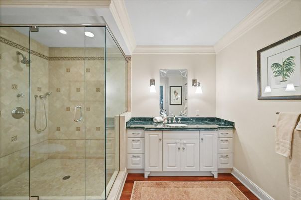 Bathroom, Glass Shower, Interior, Recessed Lighting, Wood Texture Flooring