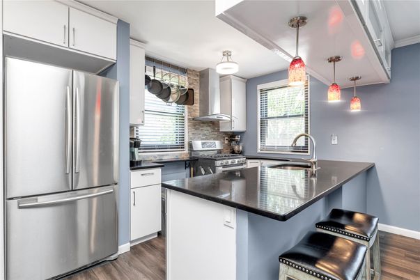 Interior, Kitchen, Pendant Lights, Stainless Steel Appliances, Wood Texture Flooring