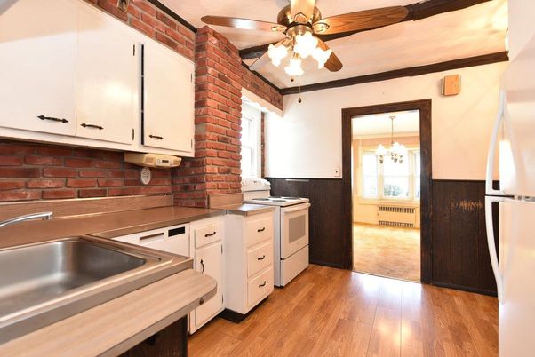 Chandelier, Interior, Kitchen, Stone Walls, Wood Texture Flooring