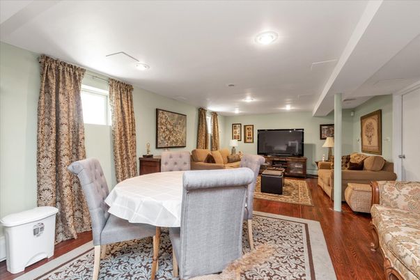Dining room, Interior, Living room, Recessed Lighting, Wood Texture Flooring