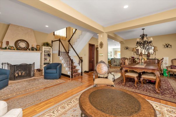 Chandelier, Dining room, Fireplace, Interior, Recessed Lighting, Wood Texture Flooring