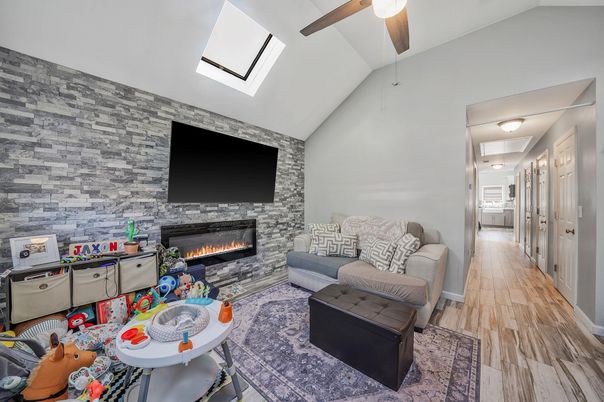 Fireplace, Interior, Living room, Stone Walls, Wood Texture Flooring