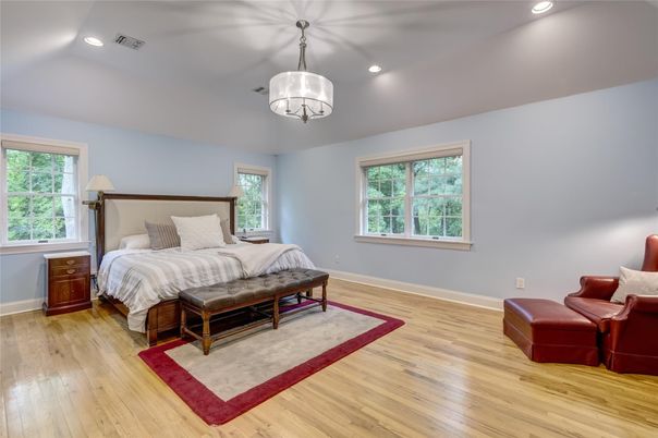 Bedroom, Interior, Pendant Lights, Recessed Lighting, Wood Texture Flooring