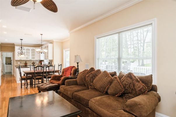 Chandelier, Dining room, Interior, Kitchen, Living room, Pendant Lights, Recessed Lighting, Wood Texture Flooring