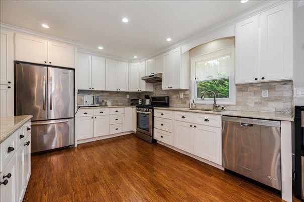 Interior, Kitchen, Recessed Lighting, Stainless Steel Appliances, Wood Texture Flooring