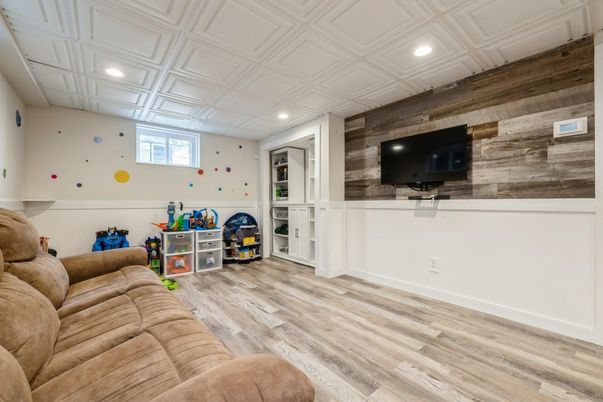 Interior, Living room, Recessed Lighting, Wood Texture Flooring, Wooden Walls