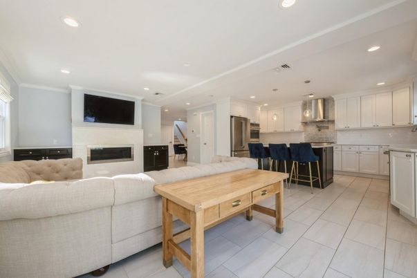 Fireplace, Interior, Kitchen, Living room, Recessed Lighting