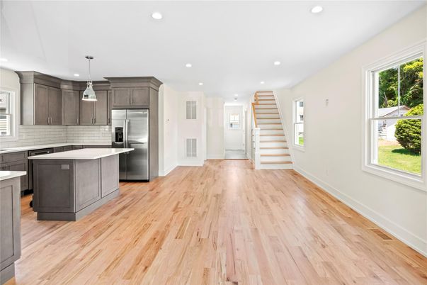 Interior, Kitchen, Pendant Lights, Recessed Lighting, Stainless Steel Appliances, Wood Texture Flooring