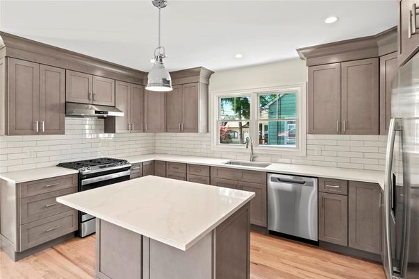 Interior, Kitchen, Pendant Lights, Recessed Lighting, Stainless Steel Appliances, Wood Texture Flooring