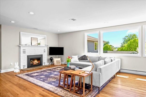 Fireplace, Interior, Living room, Recessed Lighting, Wood Texture Flooring