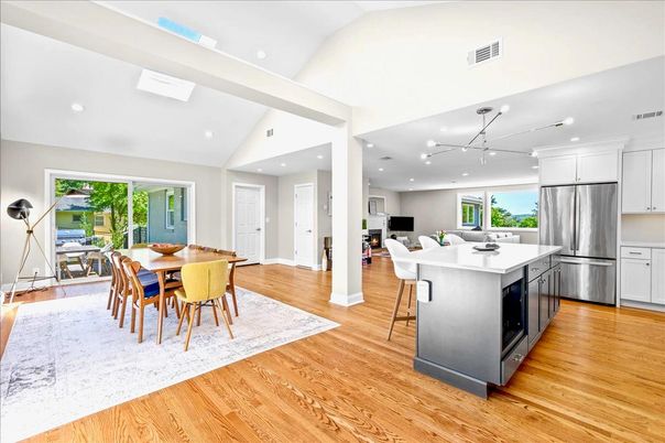 Dining room, Interior, Kitchen, Pendant Lights, Recessed Lighting, Stainless Steel Appliances, Wood Texture Flooring