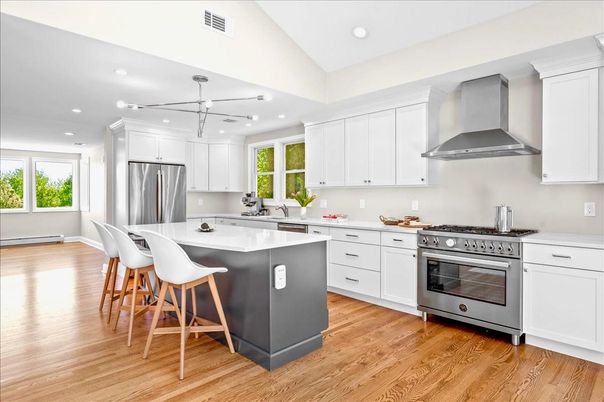 Interior, Kitchen, Pendant Lights, Recessed Lighting, Stainless Steel Appliances, Wood Texture Flooring