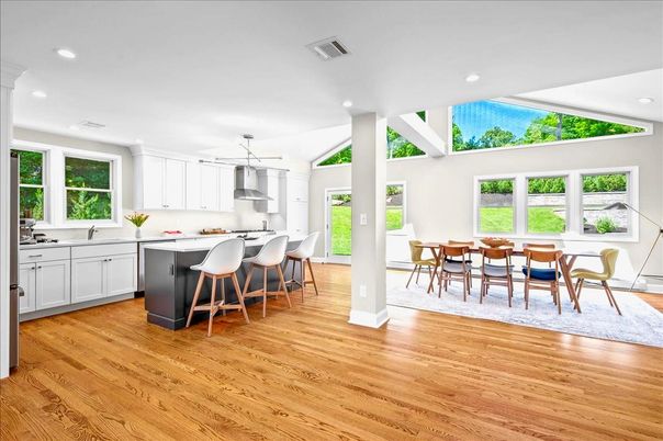 Dining room, Interior, Kitchen, Pendant Lights, Recessed Lighting, Wood Texture Flooring