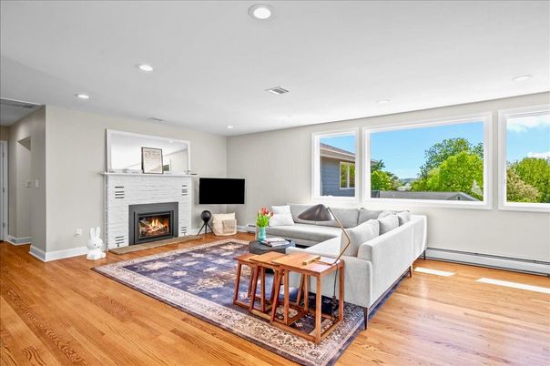 Fireplace, Interior, Living room, Recessed Lighting, Wood Texture Flooring