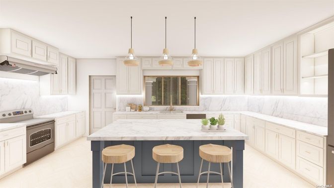 Interior, Kitchen, Marble Walls, Pendant Lights, Stainless Steel Appliances