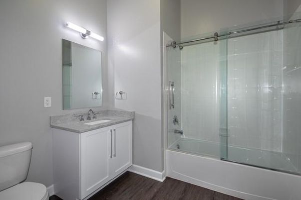 Bathroom, Glass Shower, Interior, Wood Texture Flooring