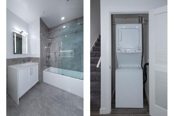 Bathroom, Glass Shower, Interior, Marble Walls, Recessed Lighting, Utility Closets, Washer