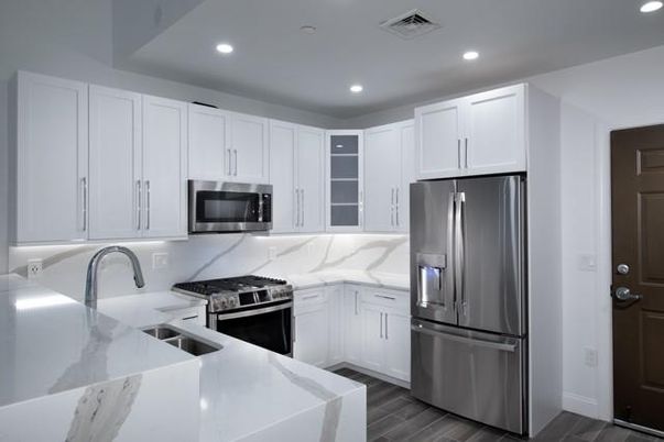 Interior, Kitchen, Recessed Lighting, Stainless Steel Appliances, Wood Texture Flooring