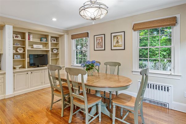 Dining room, Interior, Recessed Lighting, Wood Texture Flooring