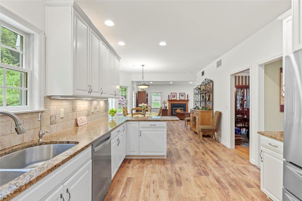 Dining room, Fireplace, Interior, Kitchen, Living room, Pendant Lights, Recessed Lighting, Wood Texture Flooring
