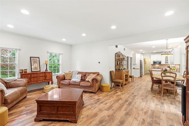 Dining room, Interior, Kitchen, Living room, Pendant Lights, Recessed Lighting, Stainless Steel Appliances, Wood Texture Flooring