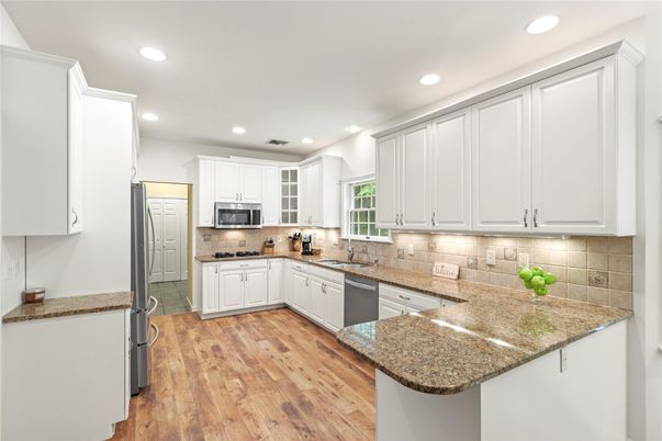 Interior, Kitchen, Recessed Lighting, Stainless Steel Appliances, Wood Texture Flooring