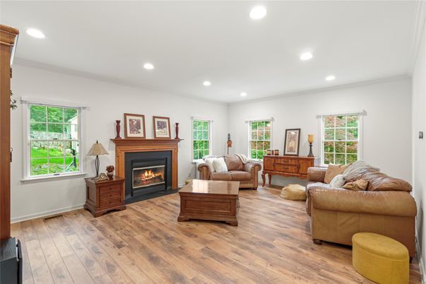 Fireplace, Interior, Living room, Recessed Lighting, Wood Texture Flooring
