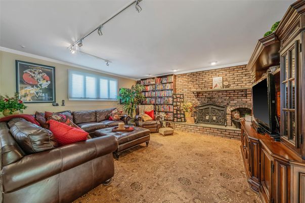 Fireplace, Interior, Living room, Recessed Lighting, Stone Walls