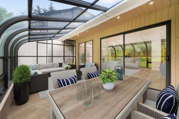 Dining room, Glass Ceilings, Interior, Living room, Recessed Lighting, Sun Room, Wood Texture Flooring