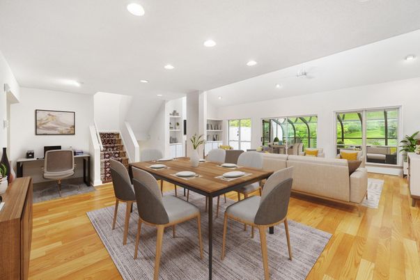 Dining room, Interior, Living room, Recessed Lighting, Wood Texture Flooring