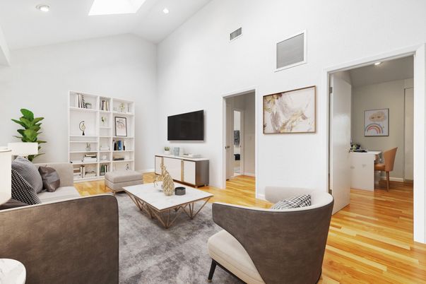 Interior, Living room, Recessed Lighting, Wood Texture Flooring