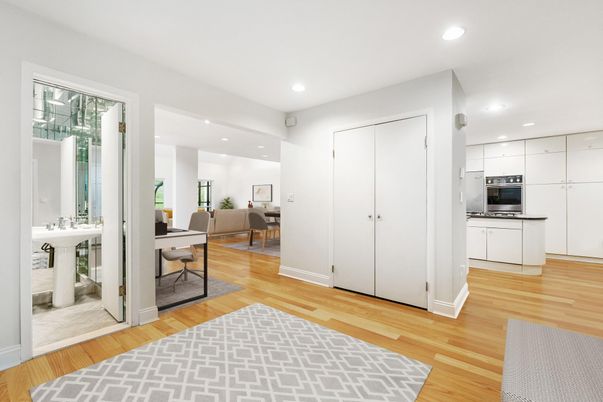 Dining room, Interior, Kitchen, Recessed Lighting, Stainless Steel Appliances, Wood Texture Flooring