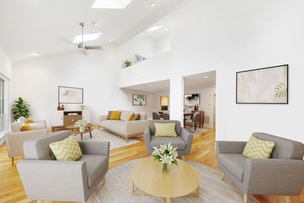 Dining room, Interior, Living room, Recessed Lighting, Wood Texture Flooring