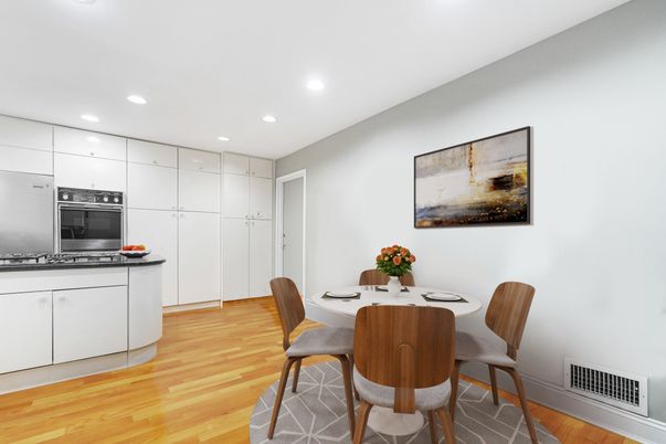 Dining room, Interior, Kitchen, Recessed Lighting, Stainless Steel Appliances, Wood Texture Flooring