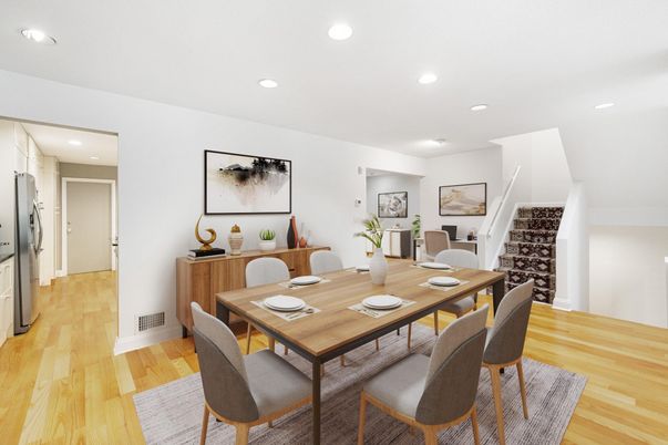Dining room, Interior, Recessed Lighting, Wood Texture Flooring