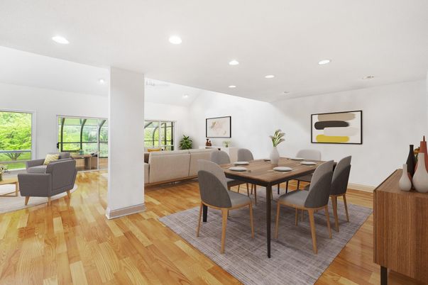 Dining room, Interior, Living room, Recessed Lighting, Wood Texture Flooring