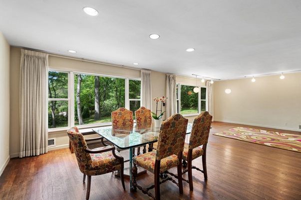 Dining room, Interior, Recessed Lighting, Wood Texture Flooring