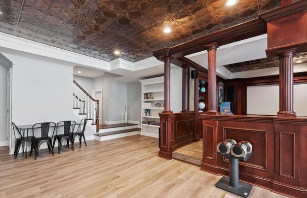 Dining room, Interior, Projection Screen, Recessed Lighting, Wood Texture Flooring