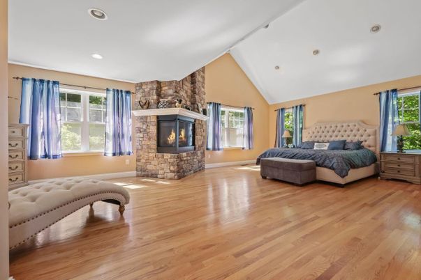 Bedroom, Fireplace, Interior, Recessed Lighting, Wood Texture Flooring