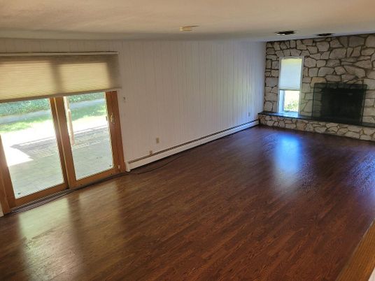 Empty room, Fireplace, Interior, Stone Walls, Wood Texture Flooring