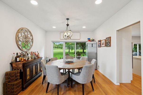 Dining room, Interior, Pendant Lights, Recessed Lighting, Wood Texture Flooring