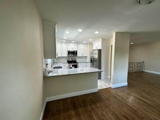 Interior, Kitchen, Recessed Lighting, Stainless Steel Appliances, Wood Texture Flooring