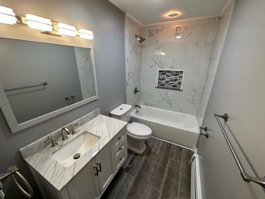 Bathroom, Interior, Marble Walls, Recessed Lighting, Wood Texture Flooring